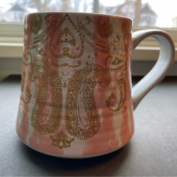 Patina Vie pink and gold ceramic coffee mug. Choose Happy - Picture 5 of 6